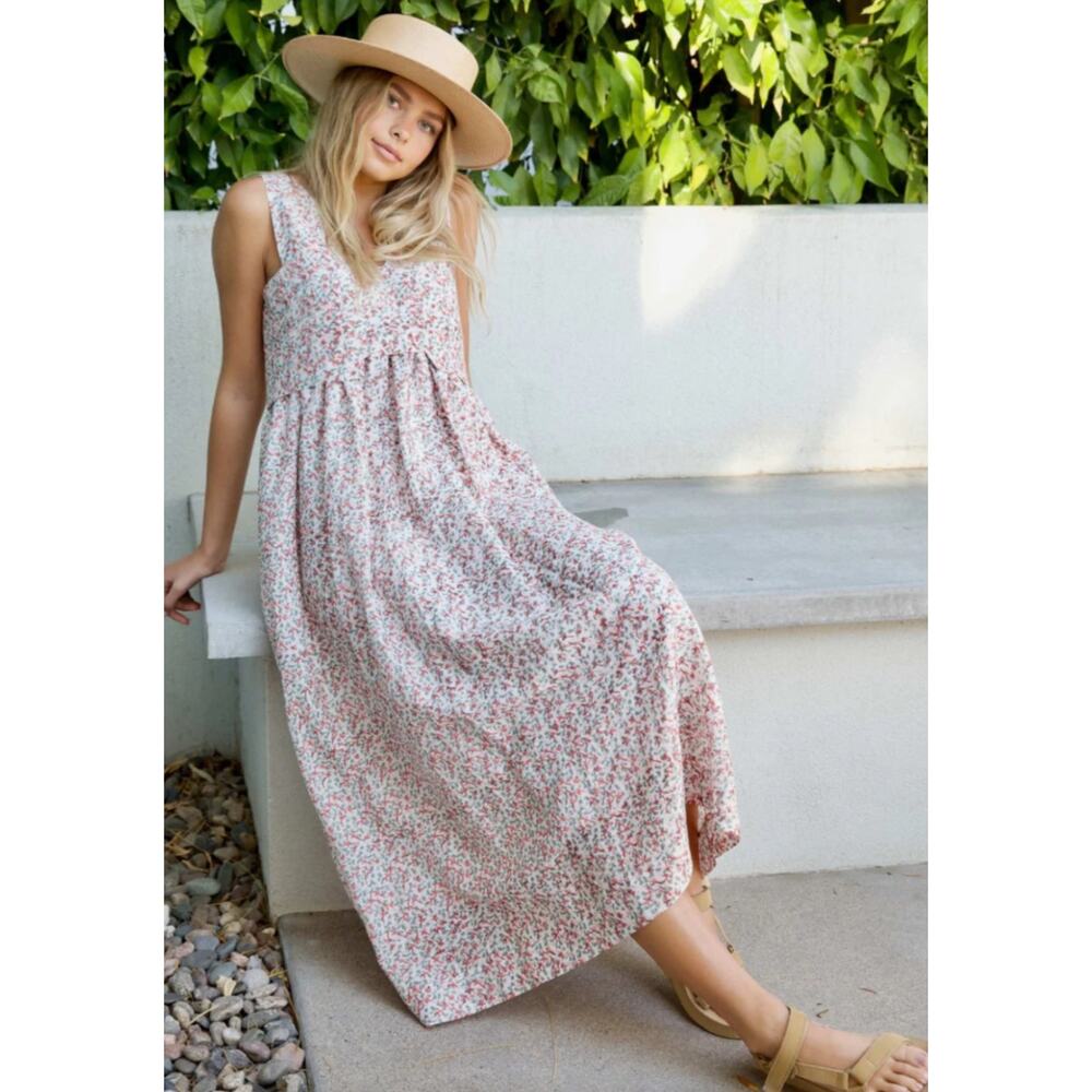 MIRTH Zanzibar Dress‎ M Cotton Silk Floral Midi Maxi Boho Cottagecore Coral Sage